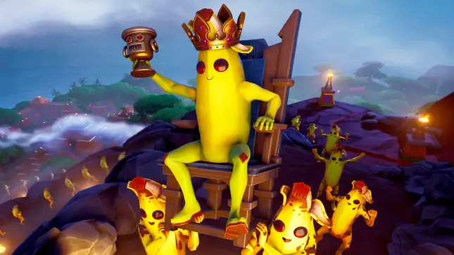 Fortnite's Peely sits on a thrown holding a goblet and wearing a gold crown as other bananas carry him. 