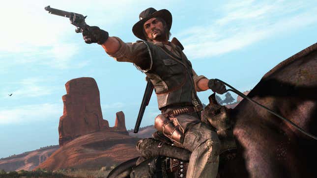 A screenshot shows John Marston riding a horse while aiming a revolver. 