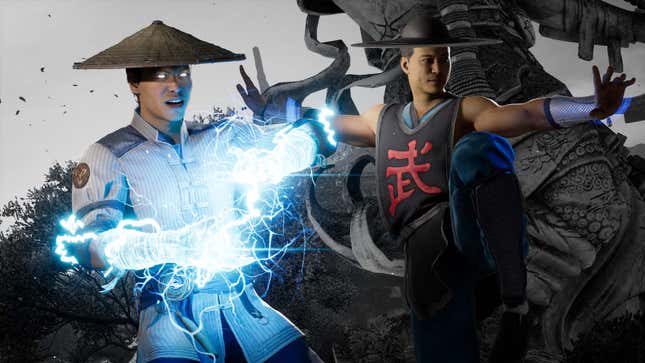 A screenshot shows Raiden and Kung Lao from Mortal Kombat 1. 