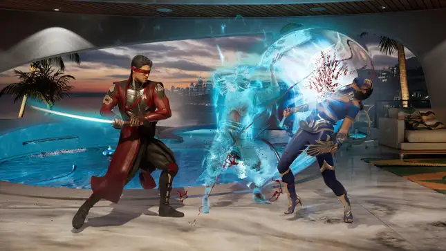 Mortal Kombat 1 characters attack each other in front of an indoor pool.