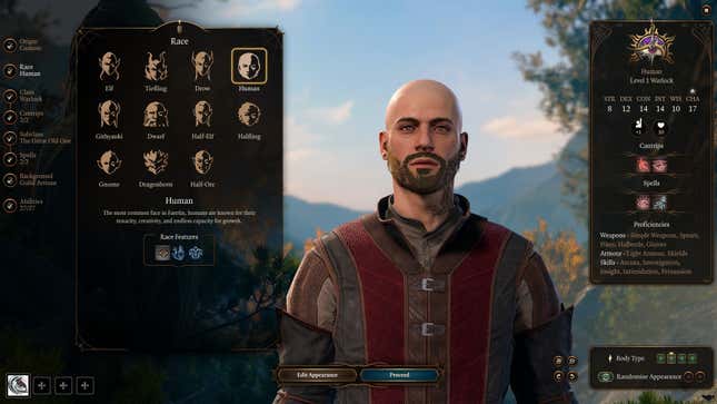 The Baldur's Gate 3 character creator shows a player choosing their race.