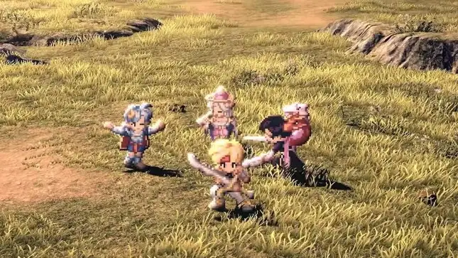 Star Ocean 2's heroes pose in a field. 