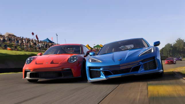 Two cars driving far too closely together in Forza Motorsport.