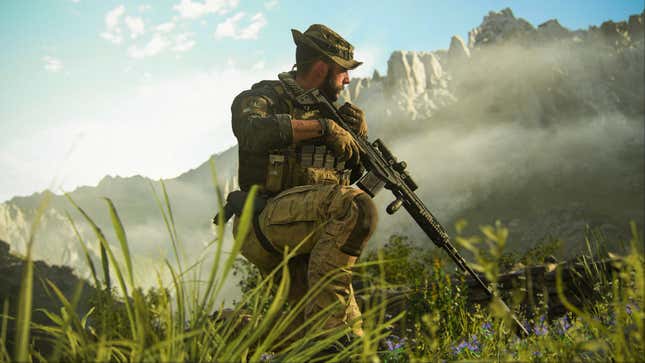 A Call of Duty: Modern Warfare III character crouches in a green field.