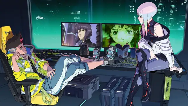 A Cyberpunk: Edgerunners image shows Lucy and David watching Serial Experiments Lain and Ghost in the Shell: Stand Alone Complex.