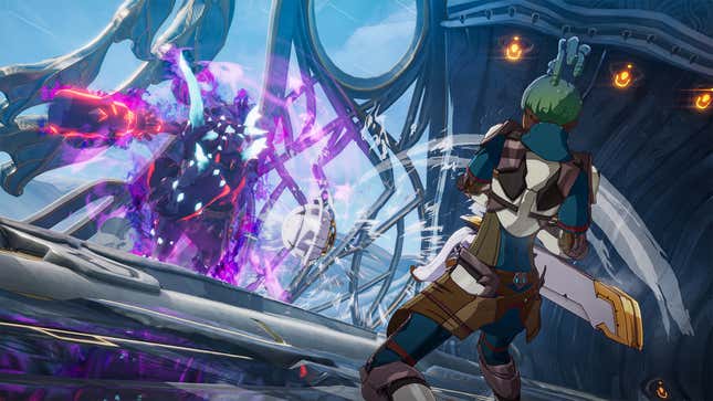 A green-haired, blade-wielding Blue Protocol character takes on a creature enshrined in a purple glow.