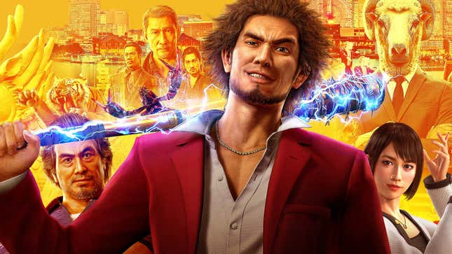 An image shows the main character from Yakuza Like A Dragon in front of other characters from the game. 